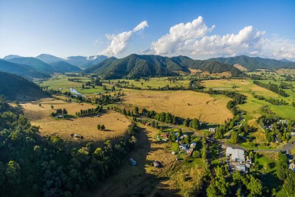 Aerial landscape of Australian countryside at sunset. Mitta Mitta Valley.