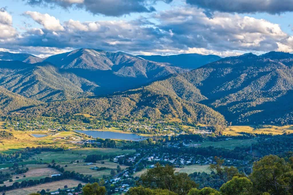 Aerial view of Mount Beauty town and pondage. Kiewa valley, Victoria
