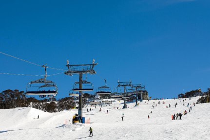 Snow skiers at Perisher Valley, Kosciuszko National Park, New South Wales, Australia