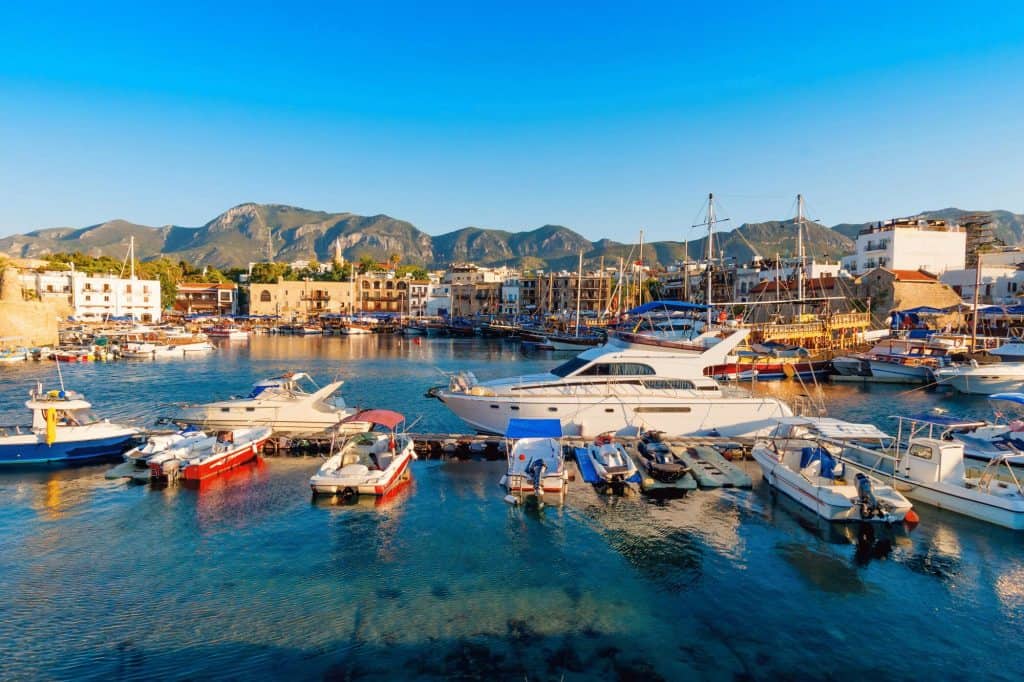 Kyrenia (Girne) harbor with castle on the background. Cyprus