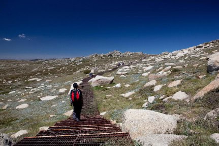 Hiker on the way to Mount Kosciuszko, the highest mountain of Australia